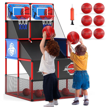 JoyStone Kids Dual Basketball Arcade Game Set with 6 Balls, Adjustable Height with Pump & Storage Net, Indoor Outdoor Basketball Toy Set for Toddlers