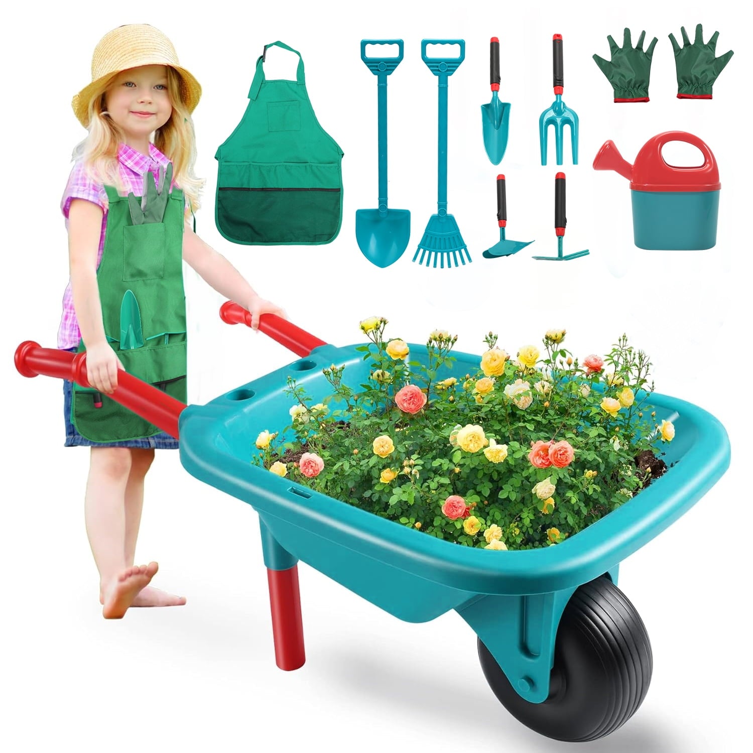 JoyStone Kids Garden Tool Set, 21 PCS with Wheelbarrow Watering Can Gloves Hand Rake Shovel Double Hoe Apron, Educational Toddler Pretend Play Garden Toy Gift for Girls Boys