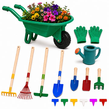 JoyStone Kids Gardening Tool Set with Wheelbarrow, Watering Can, Gloves, Shovel, Rake, Apron, Durable Plastic, Ages 3-6, Green