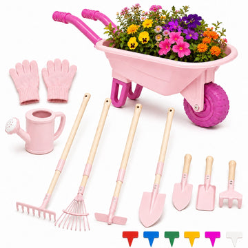 JoyStone Kids Gardening Tool Set with Wheelbarrow, Watering Can, Gloves, Shovel, Rake, Apron, Durable Plastic, Ages 3-6, Pink