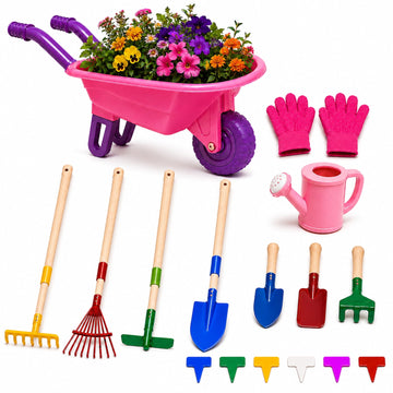 JoyStone Kids Gardening Tool Set with Wheelbarrow, Watering Can, Gloves, Shovel, Rake, Apron, Durable Plastic, Ages 3-6, Purple