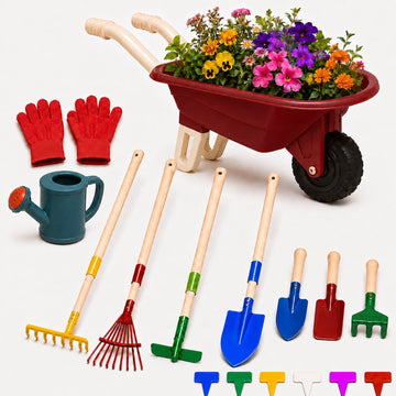 JoyStone Kids Gardening Tool Set with Wheelbarrow and Watering Can, 16-Piece Set with Wooden-Handle Tools, Ages 3-6