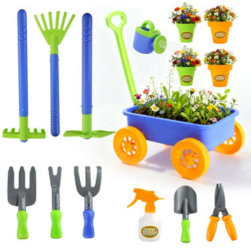 JoyStone Kids Gardening Tools Set, 15 PCS Metal Gardening Set Include Child Safe Rake Shovel with Apron Gloves Watering Can Outdoor Toys Gift for Boys and Girls