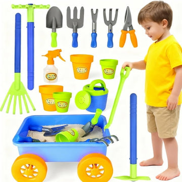 JoyStone Kids Gardening Tools Set, 15 PCS Metal Gardening Set Include Child Safe Rake Shovel with Apron Gloves Watering Can Outdoor Toys Gift for Boys and Girls