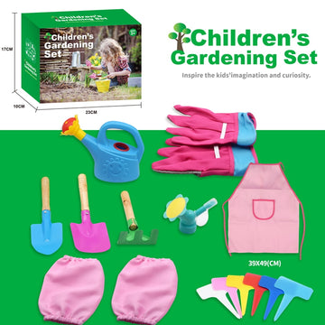 JoyStone Kids Gardening Tools Set, 19 PCS Metal Gardening Set Include Child Safe Rake Shovel with Apron Gloves Watering Can Outdoor Toys Gift for Boys and Girls, Pink