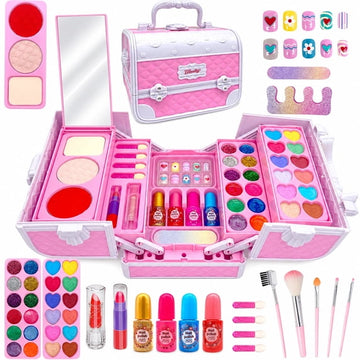JoyStone Kids Makeup Kit for Girls, Portable Pretend with Carry Case, Built-in Mirror, Colorful Eye Shadows, Brushes, Play Toy Gift for Kids Ages 3+