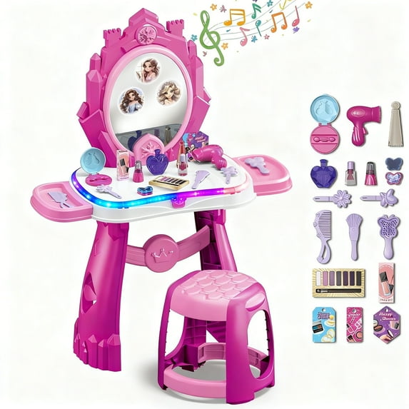 JoyStone Toddler Vanity Makeup Table with Mirror and Chair, Sound and Light Mirror, Girls Play Vanity for Toddlers 3-5 Years Old, Pink