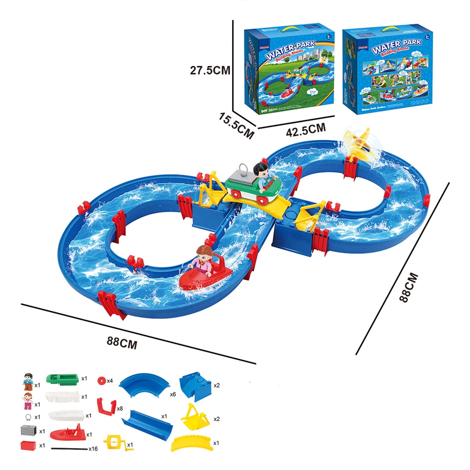 JoyStone Kids Outdoor Water Table Toys, 50PCS DIY Mini Water Park Building Blocks Toy on Table or Lawn,Beach Water Toy with 2 Boats, Summer Outdoor Backyard Funs for Toddler Boys Girls Ages 4-8