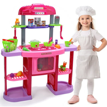 JoyStone Kids Play Kitchen, Large Kitchen Playset w/Shelf, Play Food, Spray Stove, Oven, Real Sounds and Light Pretend Play Cooking Set for Toddlers Girls and Boys