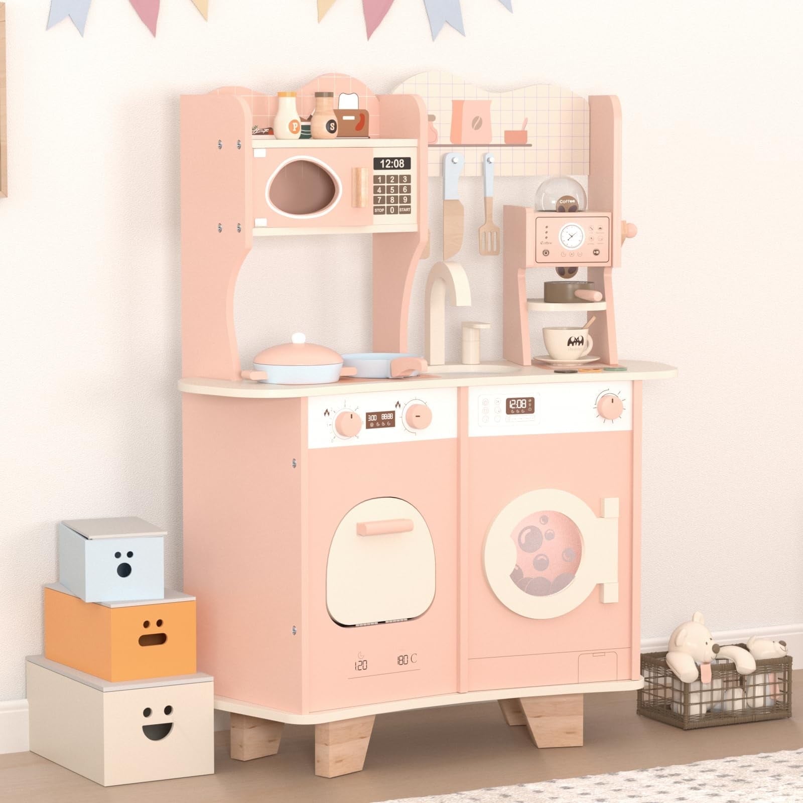 JoyStone Wooden Play Kitchen, Toy Kitchen Set with Food and Cookware Accessories, Pretend Kitchen Playset Gift for Kids and Toddlers Age 3+, Pink