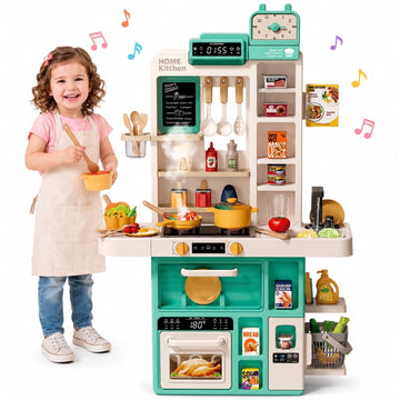 JoyStone Wooden Play Kitchen, Toy Kitchen Set with Food and Cookware Accessories, Pretend Kitchen Playset Gift for Kids and Toddlers Age 3+, Pink