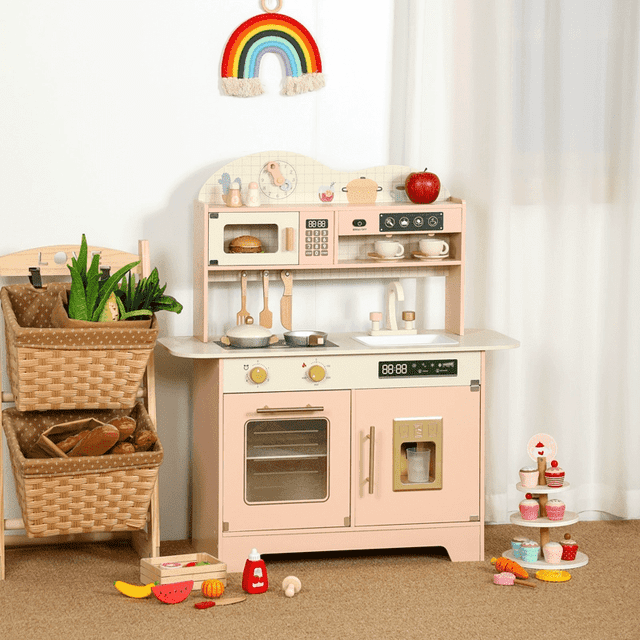JoyStone Wooden Play Kitchen Set, Pretend Kitchen Toy with Ice Maker, Stove, Oven, Sink, Accessories, Modern Style Kitchen Playset for Kids and Toddlers Age 3+, Pink