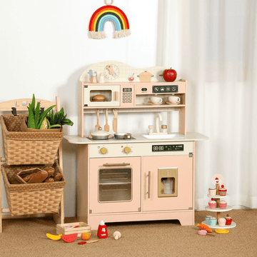 JoyStone Wooden Play Kitchen Set, Pretend Kitchen Toy with Ice Maker, Stove, Oven, Sink, Accessories, Modern Style Kitchen Playset for Kids and Toddlers Age 3+, Pink
