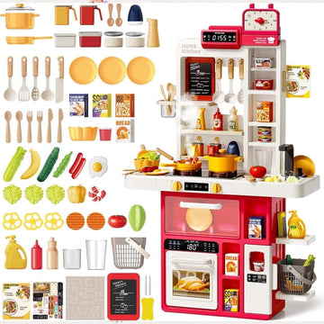 JoyStone 69PCS Kids Kitchen Playset,Play Kitchen Toy with Realistic Lights & Sounds,Pretend Steam, Play Sink & Oven, Menu Board & Other Kitchen Accessories Set for Toddlers