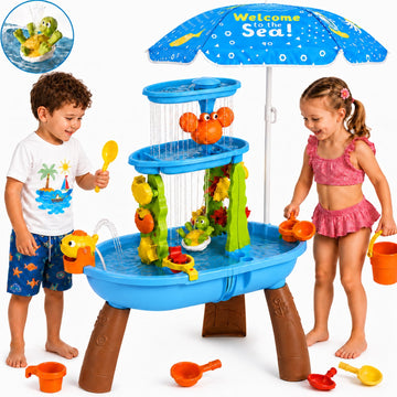 JoyStone Kids Sand Water Table with Umbrella & Electric Pump, Outdoor Water Play Table with Accessories for Toddlers Ages 3+