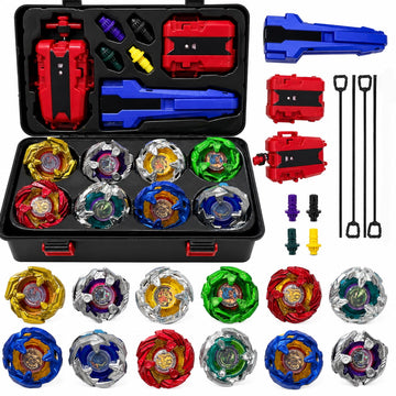 JoyStone Battling Top Burst Gyro Toy Set with Portable Storage Box, 12 Alloy and ABS Spinning Tops, Dual Ripcord Launchers, Kids Ages 6+