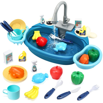 JoyStone Kitchen Sink Toy, Water Toys for Kids with Electronic Dishwasher, Pretend Play Kitchen Sink with Running Water, with Play Food and Other Accessories, Birthday Gift for 3-7 Kids, Blue