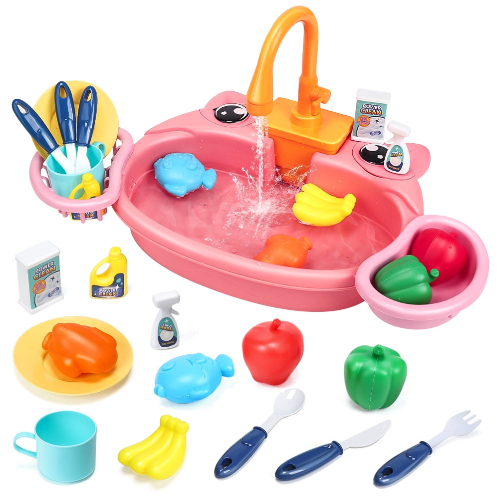 JoyStone Kitchen Sink Toy, Water Toys for Kids with Electronic Dishwasher, Pretend Play Kitchen Sink with Running Water, with Play Food and Other Accessories, Birthday Gift for 3-7 Kids, Pink