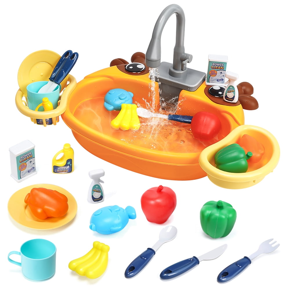 JoyStone Kitchen Sink Toy, Water Toys for Kids with Electronic Dishwasher, Pretend Play Kitchen Sink with Running Water, with Play Food and Other Accessories, Birthday Gift for 3-7 Kids, Yellow