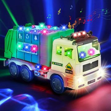 JoyStone LED Garbage Truck Toy with Openable Cover for Bump & Go Mode, 360 Universal Wheels, Lights & Sounds, Interactive Trash Truck for Kids Ages 3+, Perfect Birthday Gift