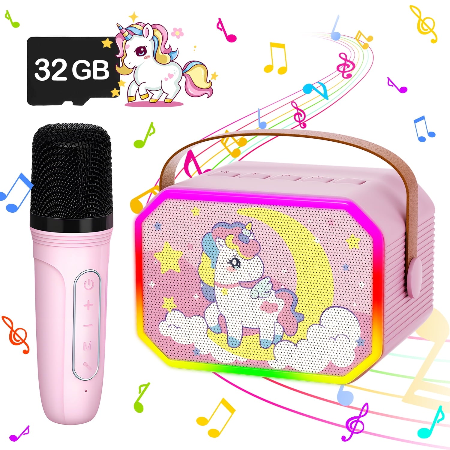 JoyStone Mini Karaoke Machine with 32G Card, Portable Bluetooth Speaker with Wireless Microphone,Led Lights, Kids Music Player Toys for Girls and Boys 3-8+ Years Old, Teens Birthday, Pink