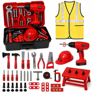 JoyStone 69 PCS Kids Tool Set with Portable Toolbox, Toy Power Drill, Hard Hat & Vest, Pretend Play Construction Toys for Boys and Girls