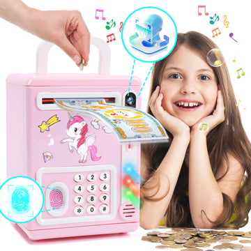 JoyStone Electronic Light&Sound Piggy Bank Toys with Fingerprint & Face Scan Password Code Lock Cash Coin ATM Bank, Pink