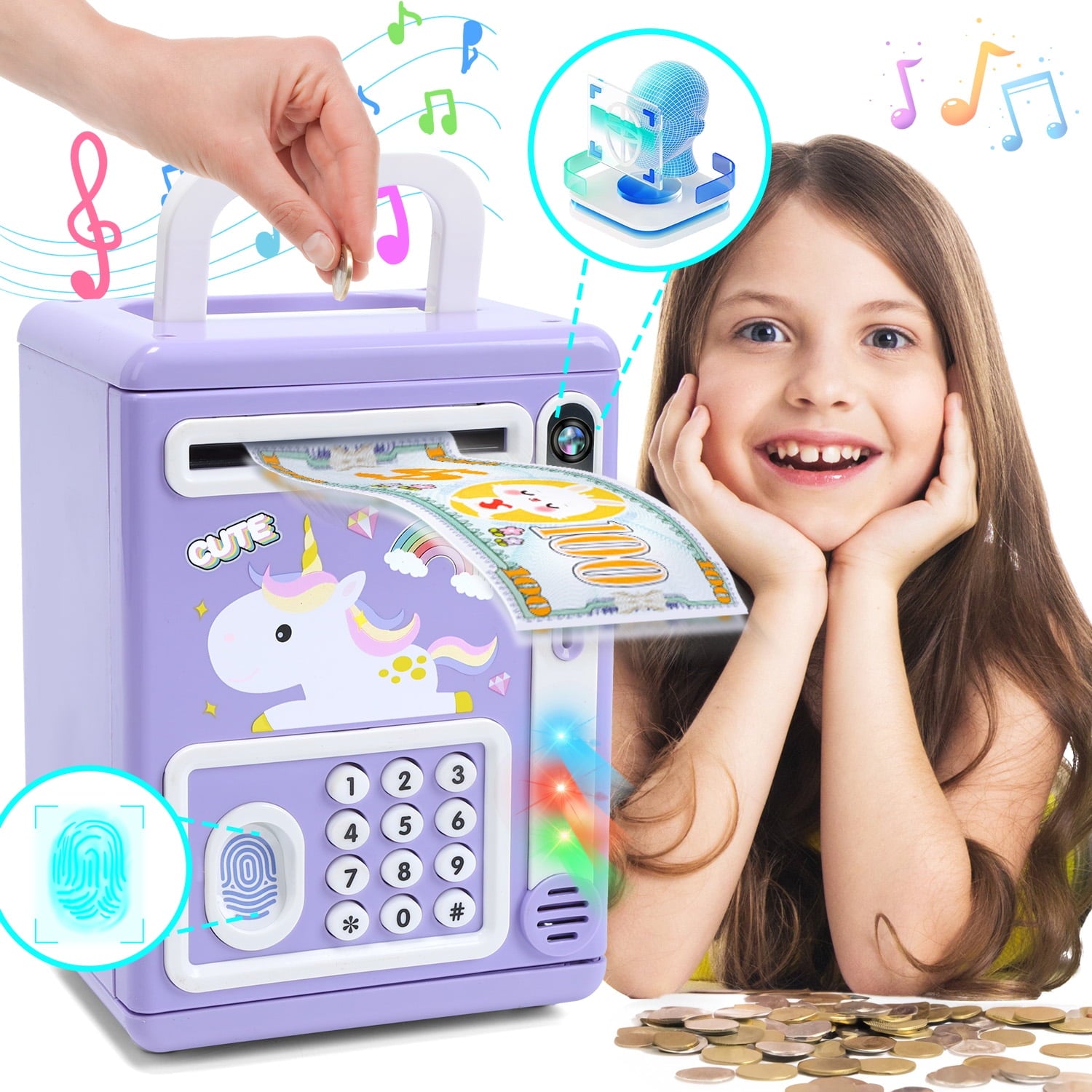 JoyStone Electronic Light&Sound Piggy Bank Toys with Fingerprint & Face Scan Password Code Lock Cash Coin ATM Bank, Purple