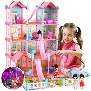 JoyStone Play Dollhouse with Doll Toy Figures and 14 Rooms Furniture and Accessories Creative Dollhouse Gift for Girls Toddler and Kids Ages 3+ Pink and Colorful Lights, Assemble Required