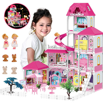 JoyStone Princess Castle House for Girls, Dollhouse Playset, 4-Story 10 Rooms Playhouse with 2 Dolls Toy Figure, Lights and Furniture & Accessories