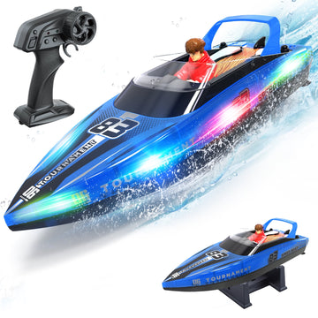 JoyStone 10 inch RC Boat with LED Lights for Adults and Kids - 2.4Ghz Remote Control Boat for Pool and Lakes, Dual Motor & Low Battery Alarm, Gifts for 8-12 Boys Girls(Blue)