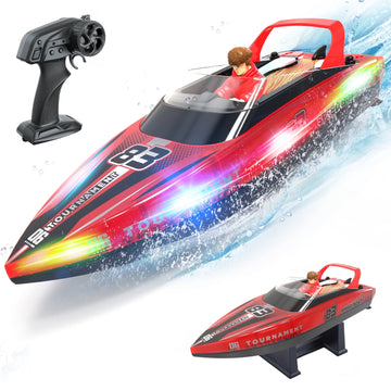 JoyStone 10 Inch RC Boat with LED Lights for Adults and Kids - 2.4Ghz Remote Control Boat for Pool and Lakes, Dual Motor & Low Battery Alarm, Gifts for 8-12 Boys Girls(Red)