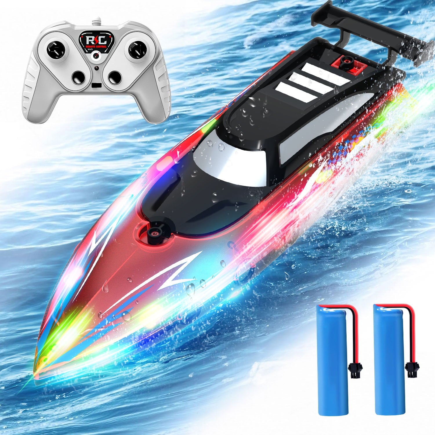 JoyStone RC Boat with LED Lights for Adults and Kids - 2.4Ghz Remote Control Boat for Pool and Lakes, 360??Flip Stunt Racing Boats, Gifts for 8-12 Boys Girls(Black)