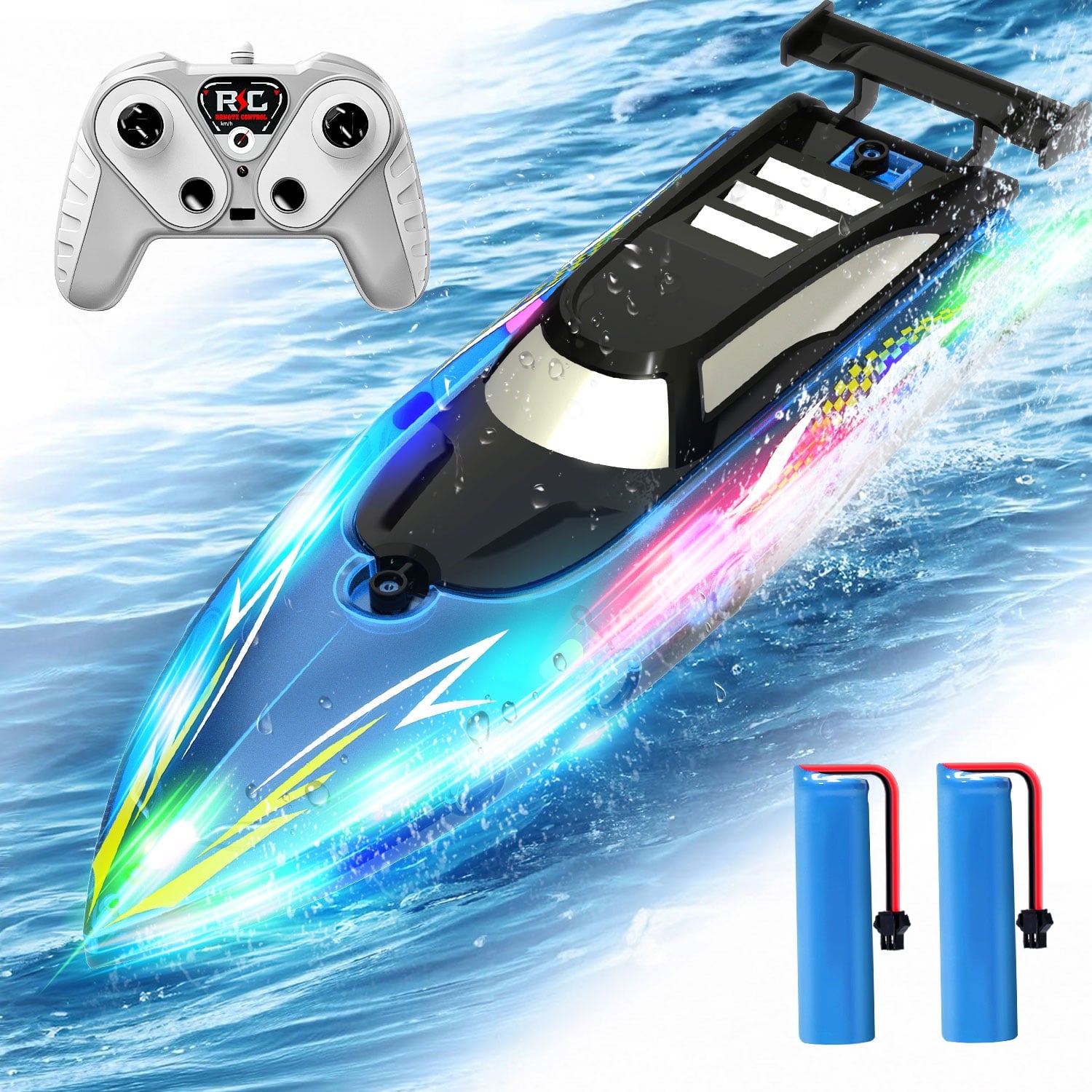 JoyStone RC Boat with LED Lights for Adults and Kids - 2.4Ghz Remote Control Boat for Pool and Lakes, 360??Flip Stunt Racing Boats, Gifts for 8-12 Boys Girls(Blue)