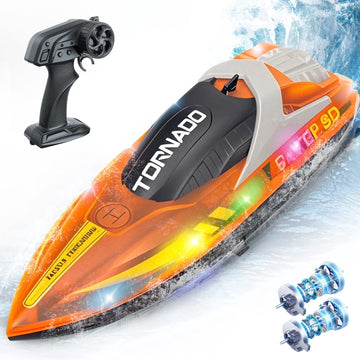 JoyStone RC Boat for Pools and Lakes, 2.4G Remote Control Boat with LED Lights, Racing Boats for Kids & Adults with 2 Rechargeable Battery, Gifts for Boys Girls (Orange)