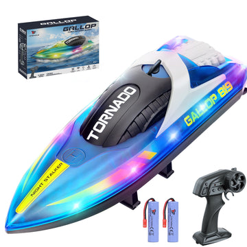 JoyStone RC Boat for Pools and Lakes, 2.4G 15+ MPH Fast Remote Control Boat with LED Lights, Racing Boats for Kids & Adults with 2 Rechargeable Battery,Gifts for Boys Girls (Blue)