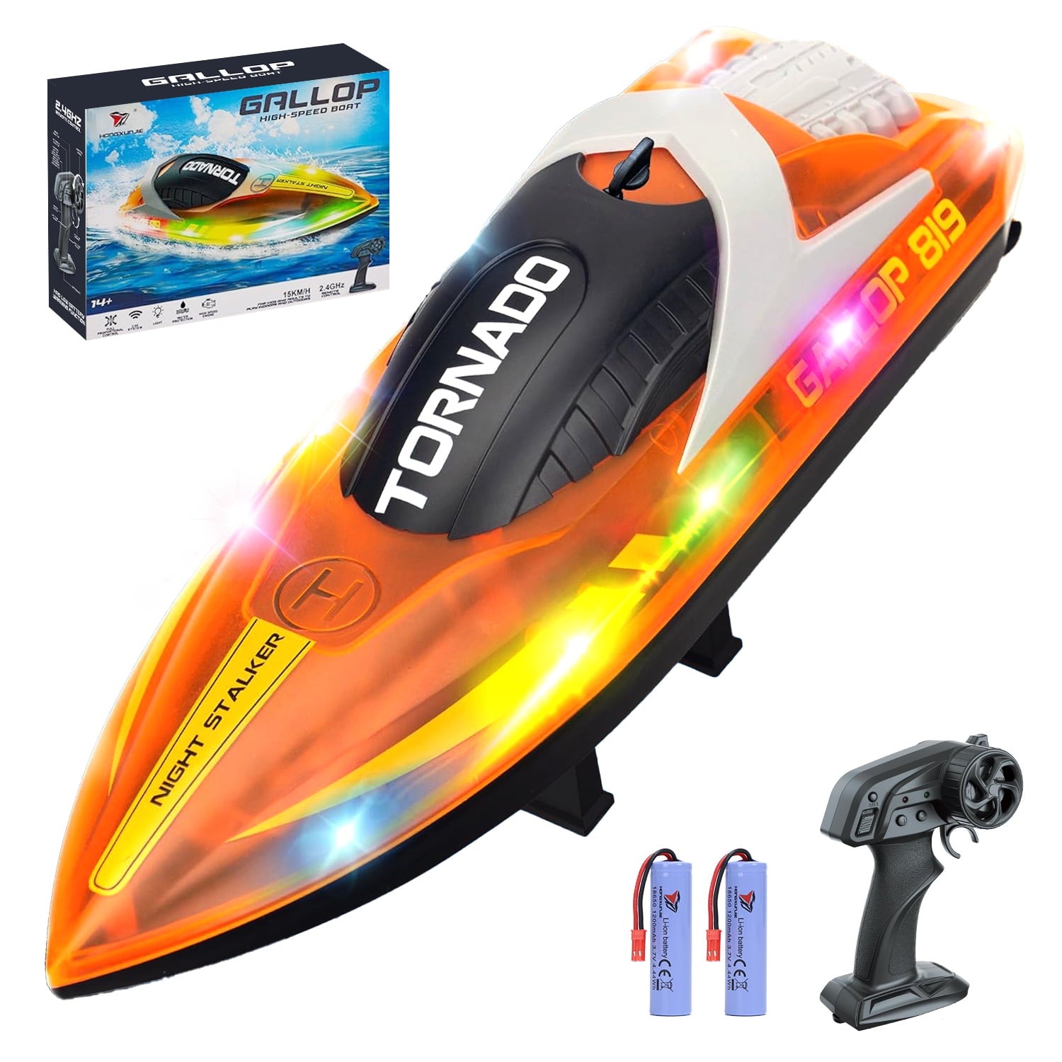 JoyStone RC Boat for Pools and Lakes, 2.4G 15+ MPH Fast Remote Control Boat with LED Lights, Racing Boats for Kids & Adults with 2 Rechargeable Battery,Gifts for Boys Girls (Yellow)