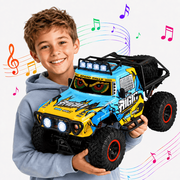 JoyStone 1:10 RC Car for Kids, 4WD Off-Road Monster Truck with Dynamic Eye Lights, Music, LED Headlights, 2 Batteries, 60+ Min Playtime, Remote Control Truck for Boys, Blue