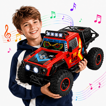 JoyStone 1:10 RC Car for Kids, 4WD Off-Road Monster Truck with Dynamic Eye Lights, Music, LED Headlights, 2 Batteries, 60+ Min Playtime, Remote Control Truck for Boys, Red