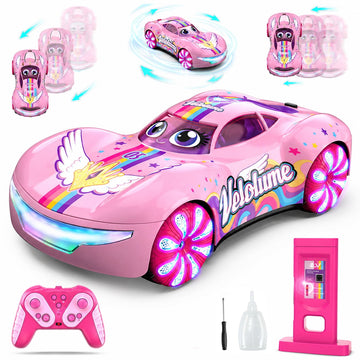 JoyStone RC Drift Car for Kids, 2.4GHz Remote Control Stunt Car with Spray Mist, LED Lights and Music, 2 Rechargeable Batteries, Gift for Boys Girls, Pink