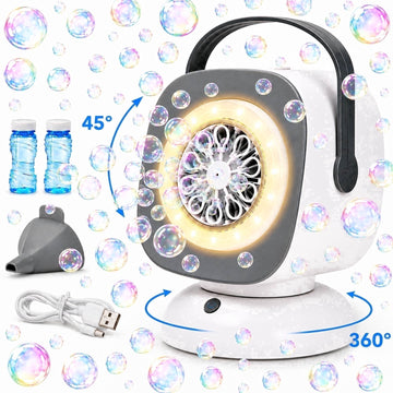 JoyStone Bubble Machine with LED Lights, 360° Auto Rotation & 45° Adjustable Angle, Automatic Bubble Blower for Kids Toddlers, Outdoor Party, Birthday, Wedding Gifts