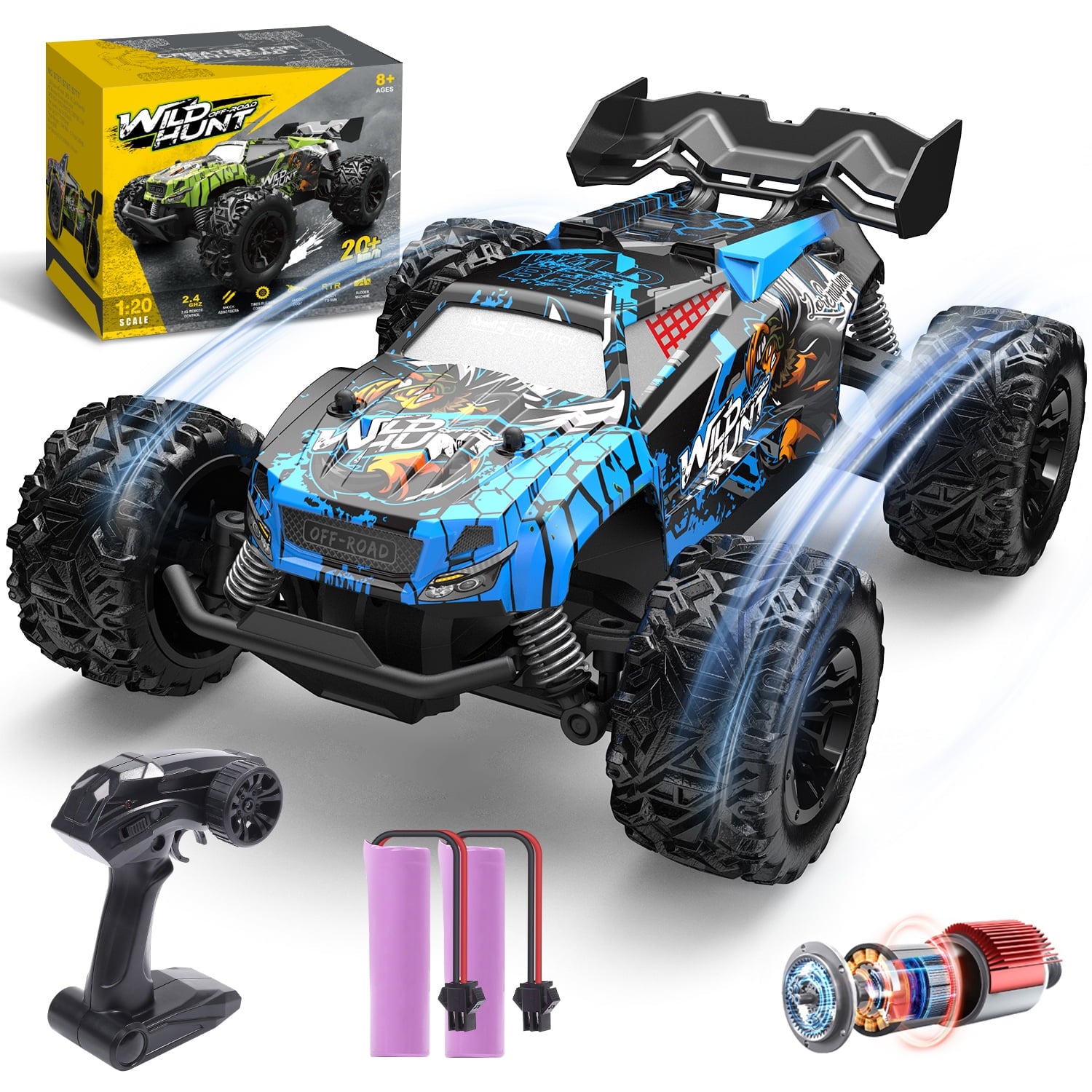 Remote Control Car, 1:18 Remote Control Monster Truck All-Terrain 2.4GHz RTR RC Cars W/ 2 Batteries for Kids Toys Gift, White & Blue