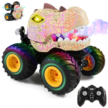 JoyStone Dinosaur RC Car for Kids, Remote Control Monster Truck with Mist Spray, Lights, Music, 2.4GHz All-Terrain RC Truck Toys for Boys and Girls 4-7, Beige
