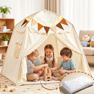 JoyStone Kids Play Tent with Mat, Star Lights & Flags, Foldable Dome Playhouse, Indoor Outdoor Play Tent for Boys & Girls, 54 x 41 x 47 in