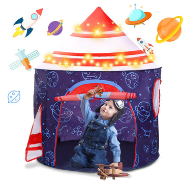 JoyStone Rocket Ship Play Tent for Kids, Astronaut Spaceship Space Themed Pretend Playhouse, Pop Up Tent with Star Lights for Children Indoor and Outdoor Games