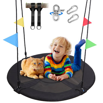 JoyStone Saucer Tree Swing Set for Kids Adults, 40" Durable Multi-Strand Adjustable Ropes Flying Swing Seat for Outdoor Playground, Backyard, Black