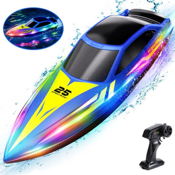 JoyStone 10 Inch RC Boat with 7-Mode Colorful LED Lights, 3 Speed Modes, 2 Batteries 60Mins, Pool Toys for Adults & Kids