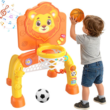 JoyStone Toddler Basketball Hoop, 2-in-1 Basketball Goal with Music Lights, Kids Activity Center Gifts for Boys and Girls Ages 1-3, Lion