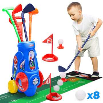 JoyStone Toddler Golf Set, Upgraded Kids Golf Clubs with Golf Cart, 4 Clubs, 8 Balls, 2 Practice Holes, Shoulder Strap and Flags, Indoor Outdoor Sports Golf Toys