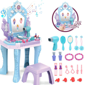 JoyStone Toddler Makeup Table with Mirror and Chair, Kids Makeup Vanity Set with Accessories and Lights and Music Sounds, Makeup Accessories & Blowdryer for Toddlers 2-5 Years Old